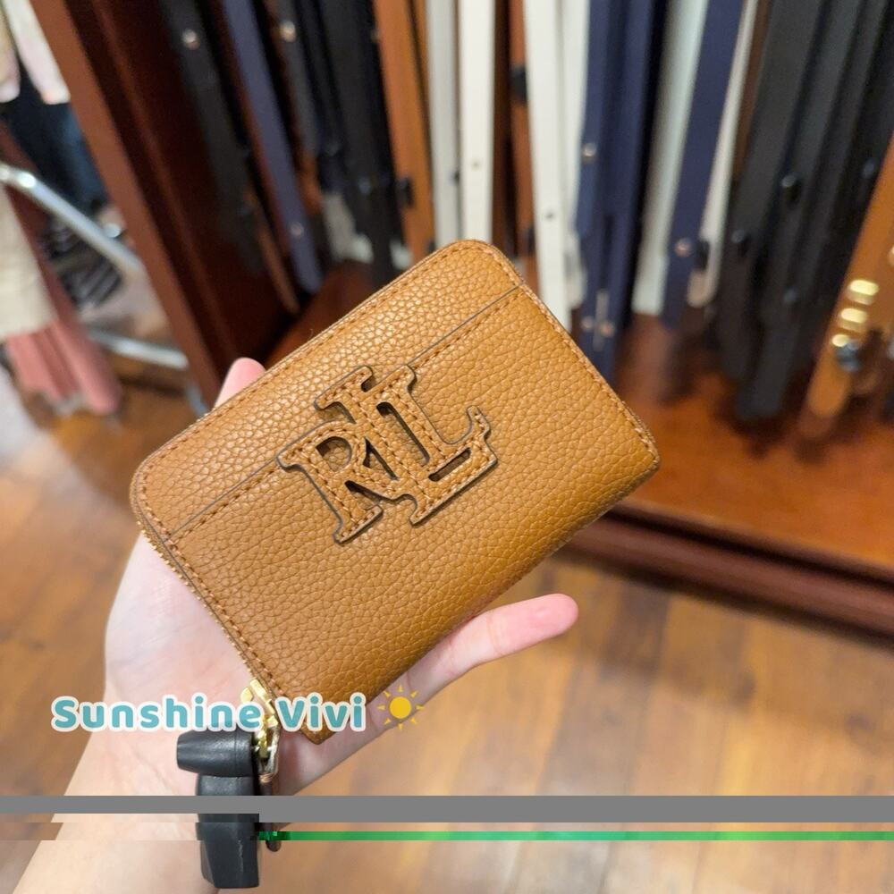 NWT RALPH LAUREN Logo Pebbled Leather Zip Wallet Lauren Tan